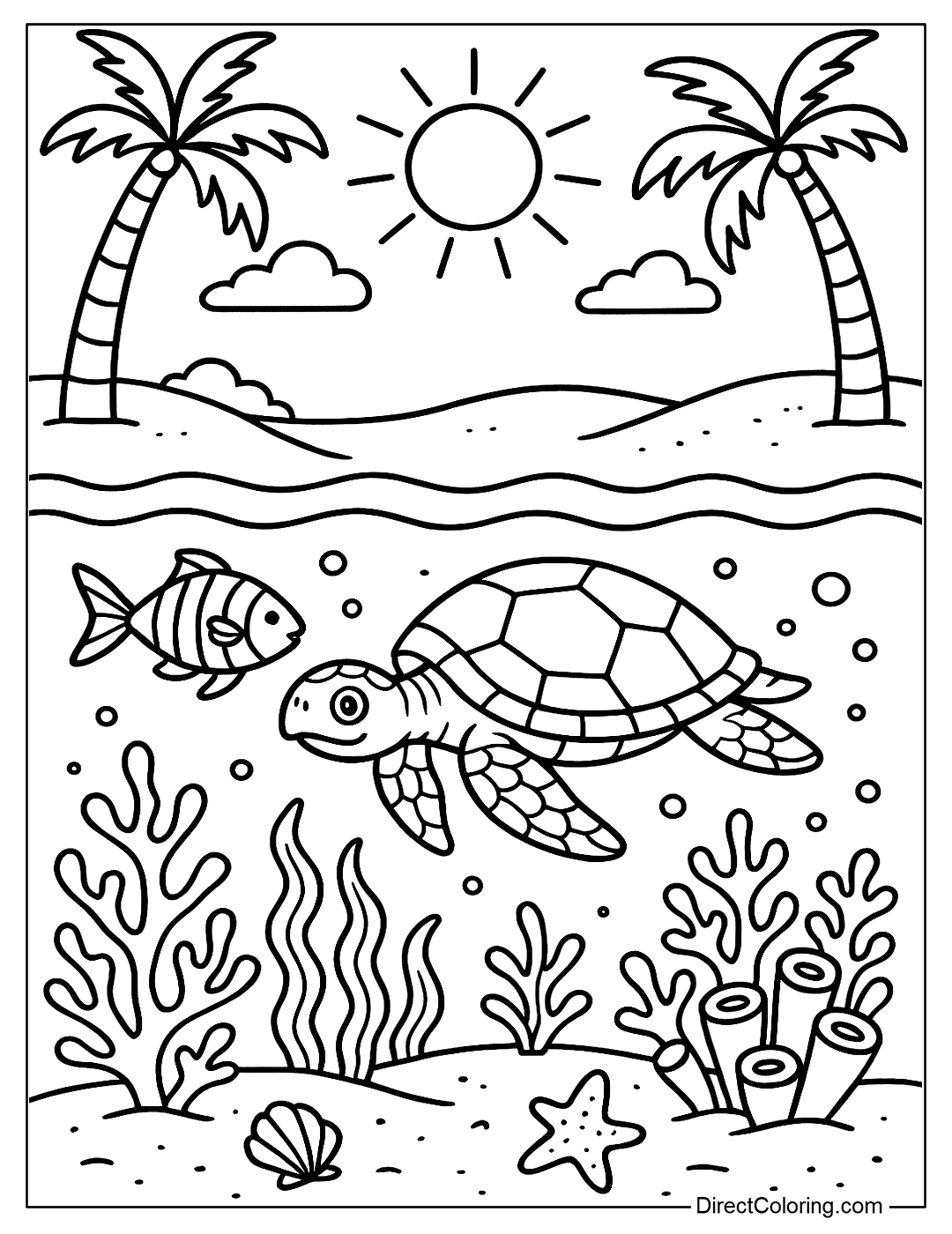a beach coloring page with an underwater scene: coral, fish, starfish, turtles - balanced details